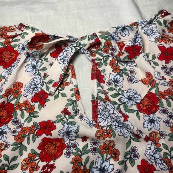 LC Lauren Conrad Floral Tie Back Womens L Shirt Pink Red Blue Pleated Neck EUC - Picture 6 of 9